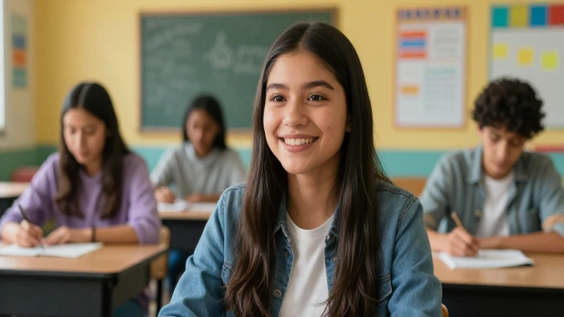 Estudiante mexicana sonriente en aula moderno y vibrante
