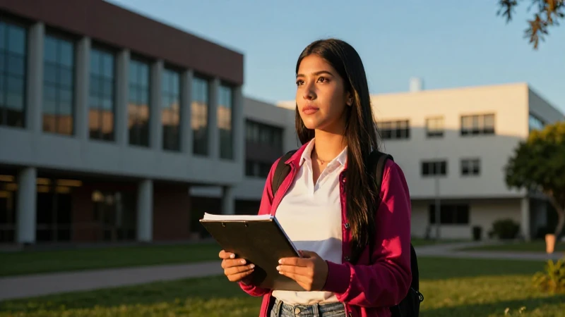 Estudiante mexicana en campus moderno al atardecer