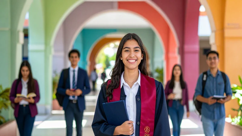 Estudiante sonriente en el campus moderno de la UDG