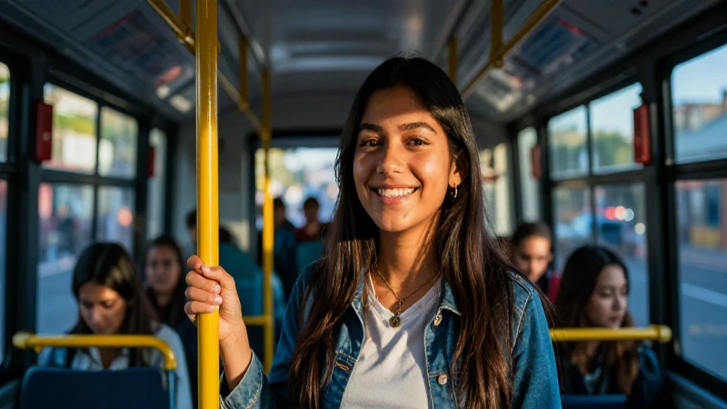 Estudiante mexicano sonríe en el autobús urbano