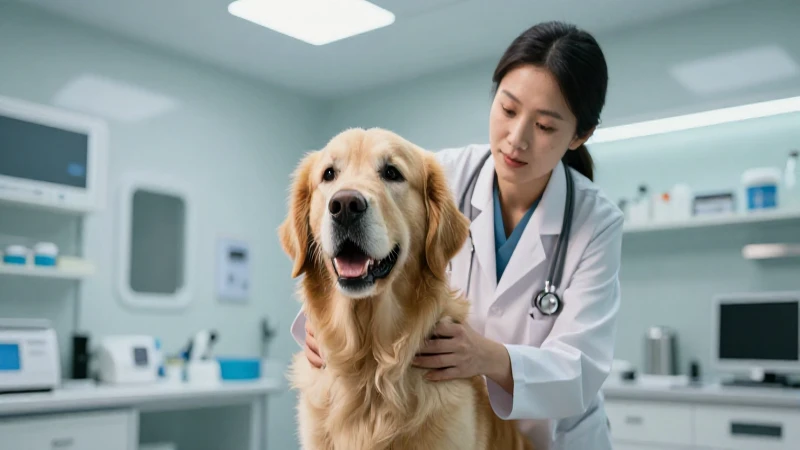 Veterinaria cuida al Golden Retriever en clínica moderna