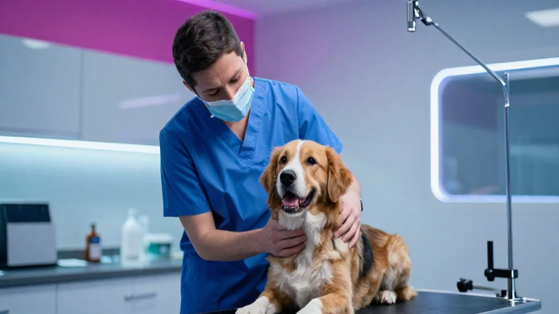 Veterinario cuidando un perro en clínica moderna