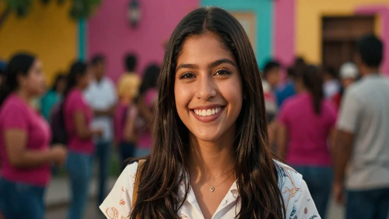 Mujer mexicana sonriente en fondo vibrante