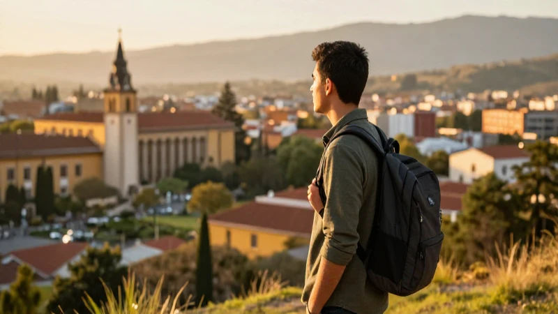 Joven estudiante mexicano en campus europeo al atardecer