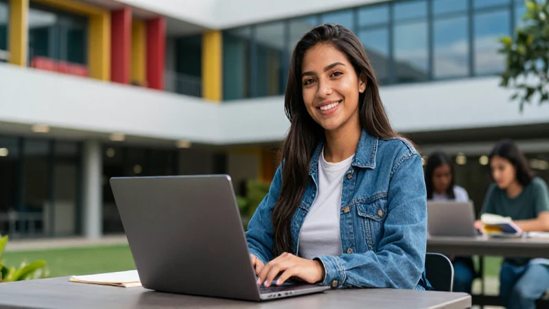 Estudiante mexicana confiada en campus vibrante