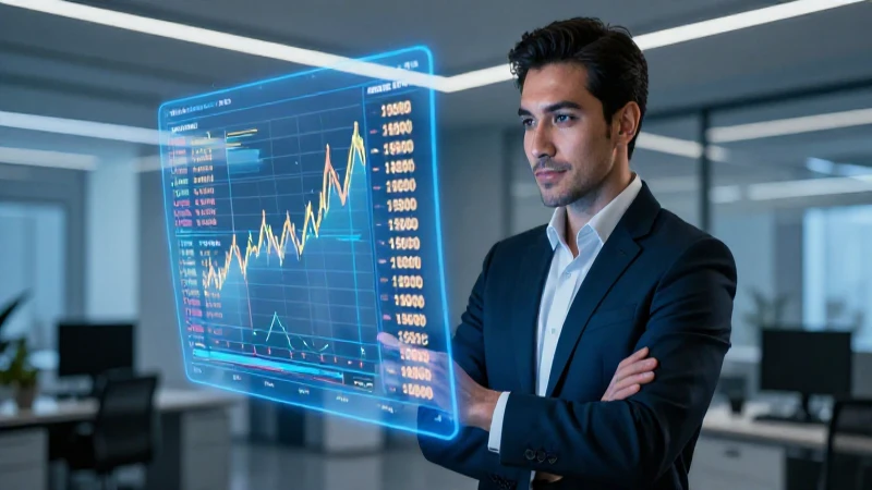 Profesional mexicano revisando datos financieros futuristas