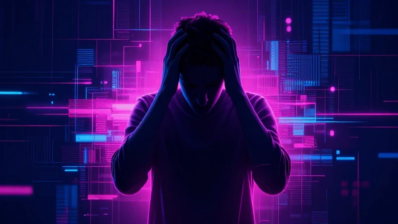 Usuario frustrado con interfaz digital futurista