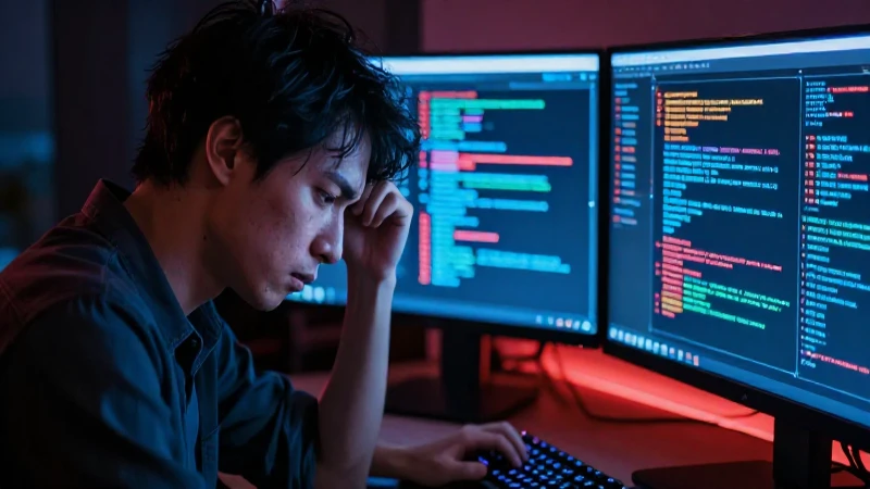 Programador estresado rodeado de errores digitales neón