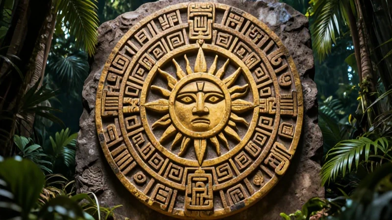 Intricado glifo maya dorado en piedra