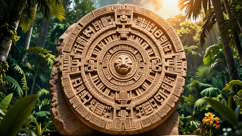 Piedra azteca con glifos mayas en selva