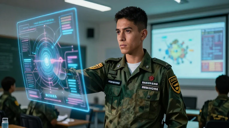 Cadete mexicano decidido en aula táctica futurista