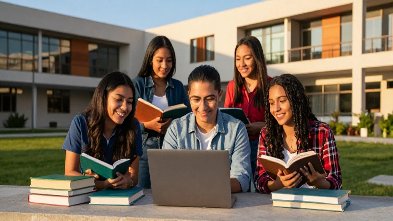 Estudiantes mexicanos felices en campus moderno con luz dorada
