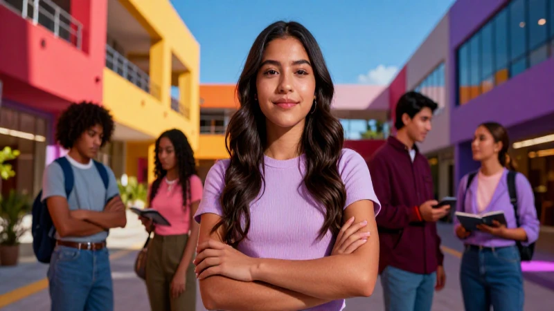 Estudiante mexicano con confianza en un campus moderno