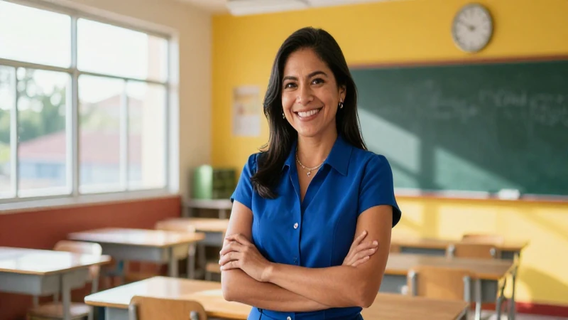 Maestra mexicana sonriente en clase moderna