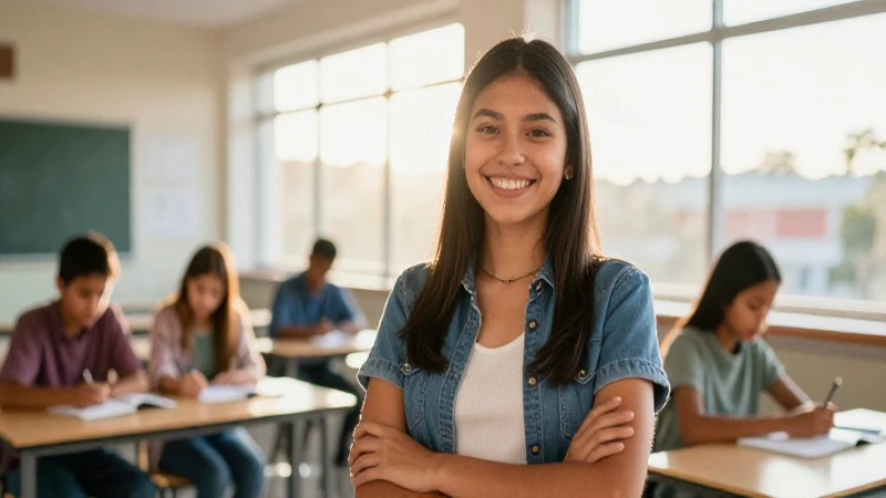 Estudiante mexicano sonriente en aula moderna