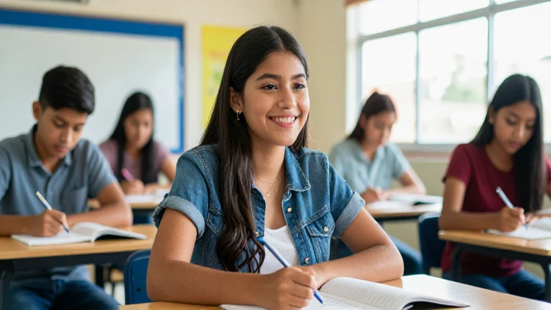 Estudiante mexicana sonriente en aula moderna