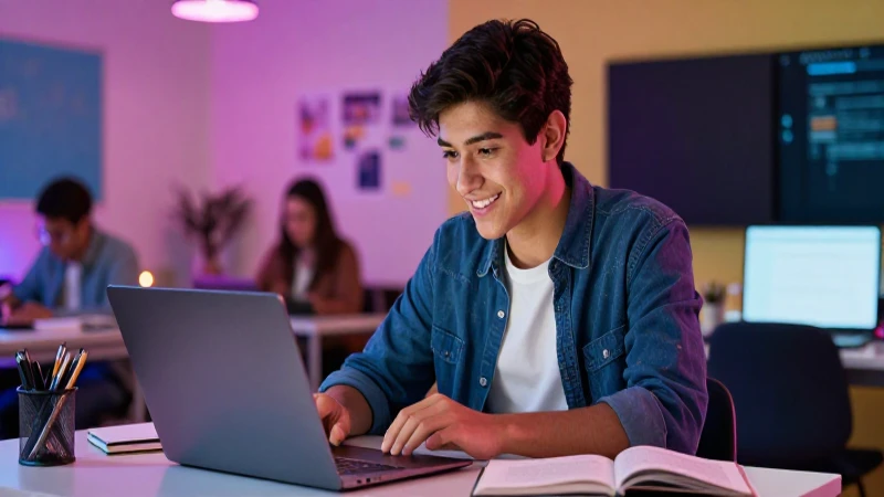 Joven mexicano estudia inglés con laptop