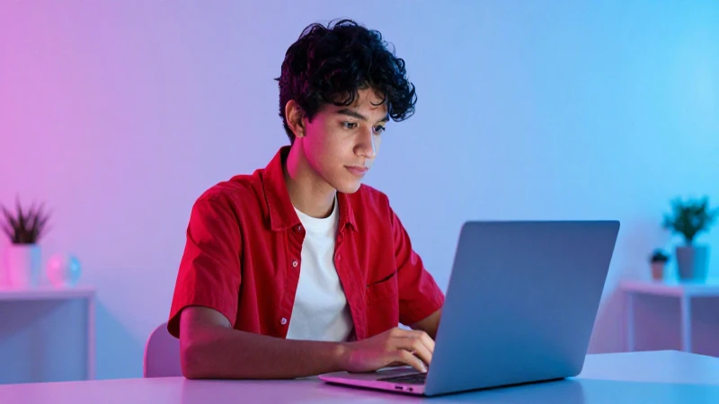 Joven estudiante mexicano, laptop, habitación moderna y luminosa