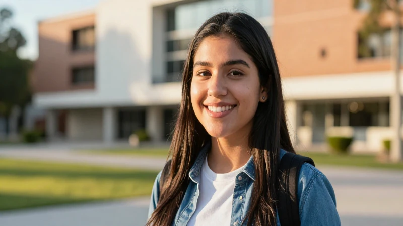 Estudiante sonriente, campus moderno, estilo profesional