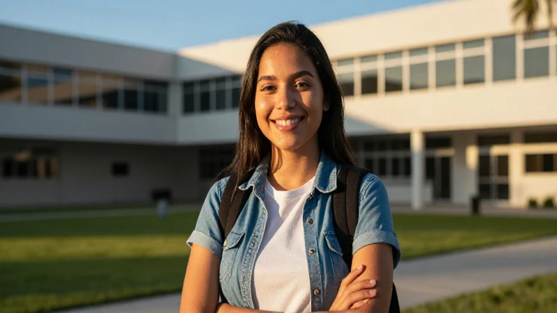 Estudiante mexicano sonriente en campus moderno