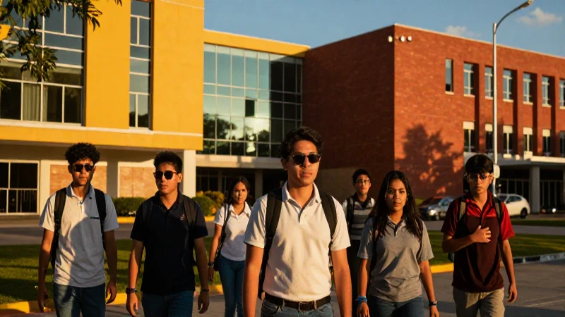 Estudiantes mexicanos vibrantes en campus universitario moderno