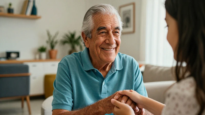 Abuelo mexicano sonríe con su nieta en casa