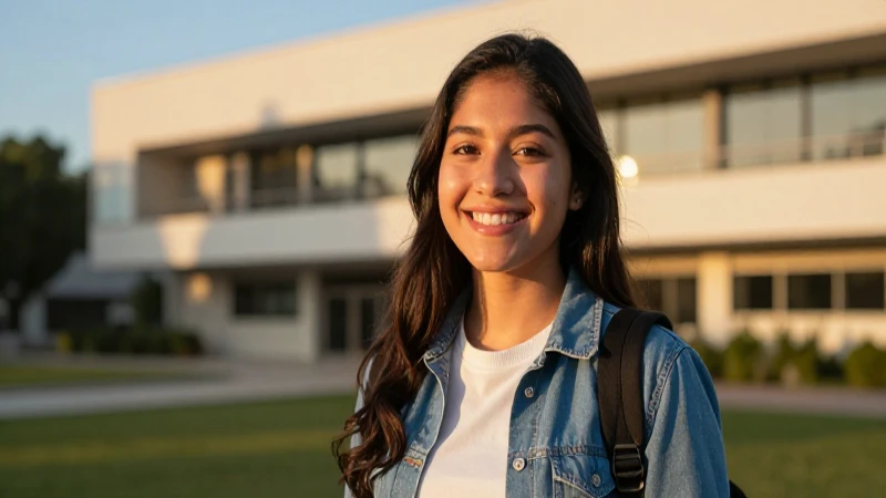 Joven mexicana sonriente en campus universitario moderno