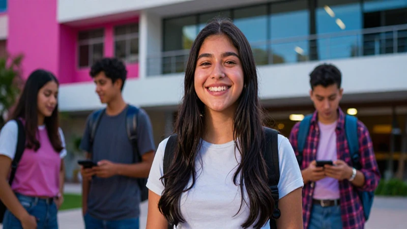 Estudiante mexicano sonriente en campus vibrante