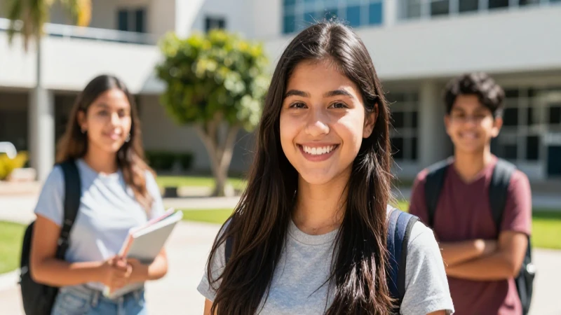 Estudiante mexicano sonríe en campus moderno y soleado