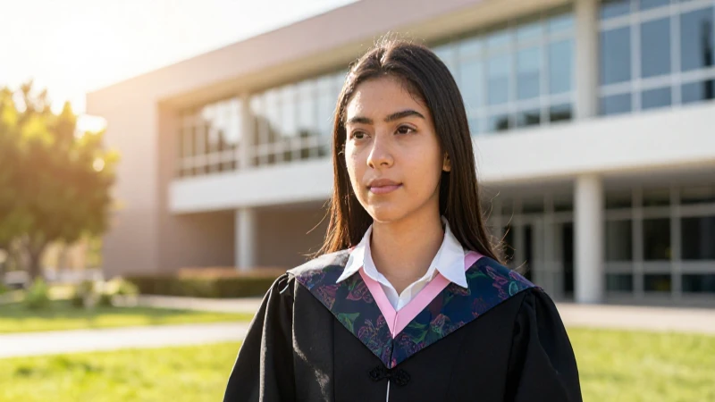Estudiante mexicana vibrante en campus universitario moderno