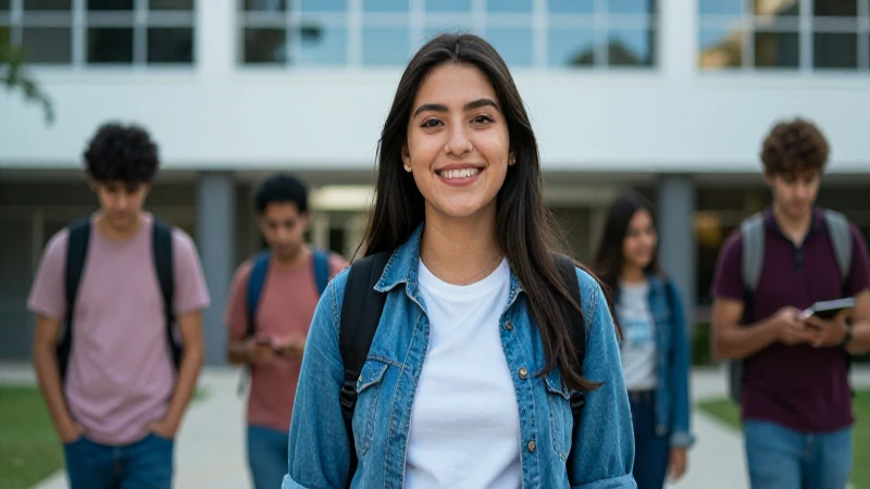 Estudiante mexicano sonriendo en campus moderno