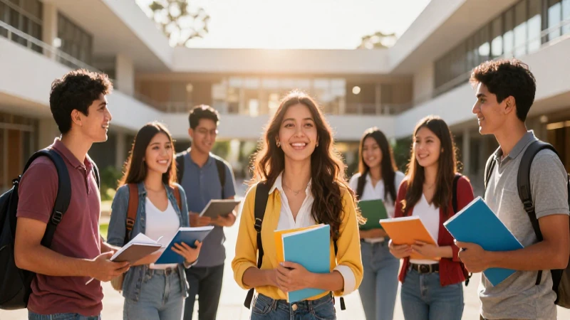 Estudiantes mexicanos en campus académico vibrante