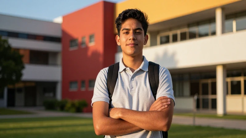 Joven mexicano sonríe en campus con luz dorada