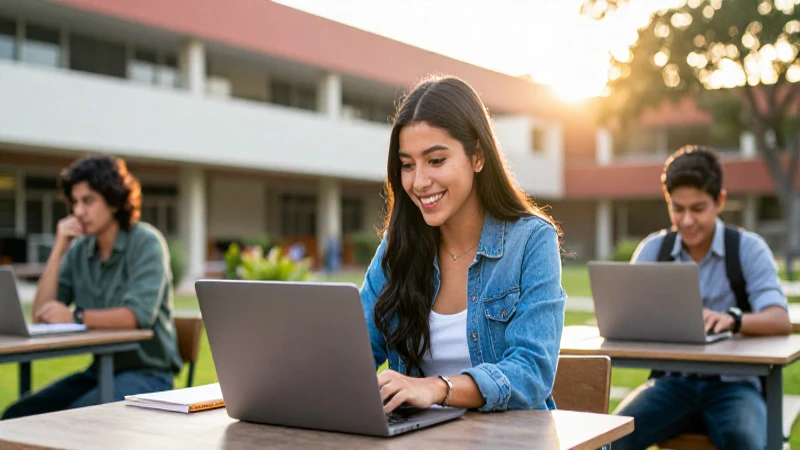 Universidad mexicana vibrante con estudiantes sonriendo