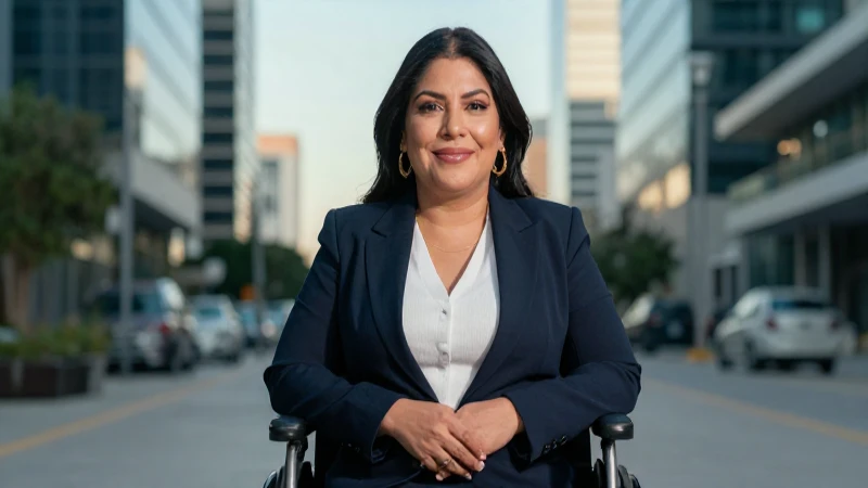 Retrato profesional de mujer con discapacidad, sonriendo en la ciudad