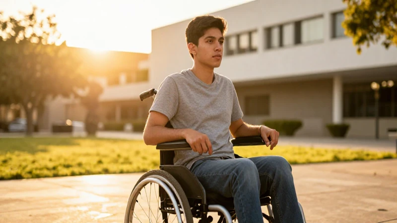 Joven mexicano en luz dorada, campus vibrante