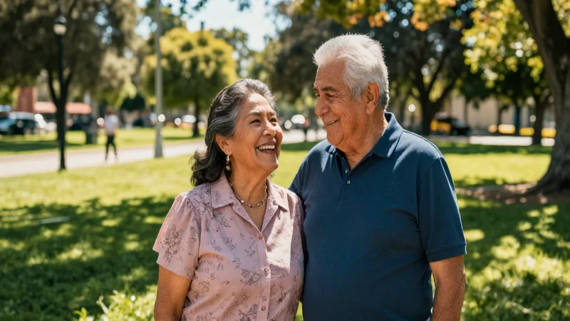 Pareja mexicana jubilada disfruta un parque soleado