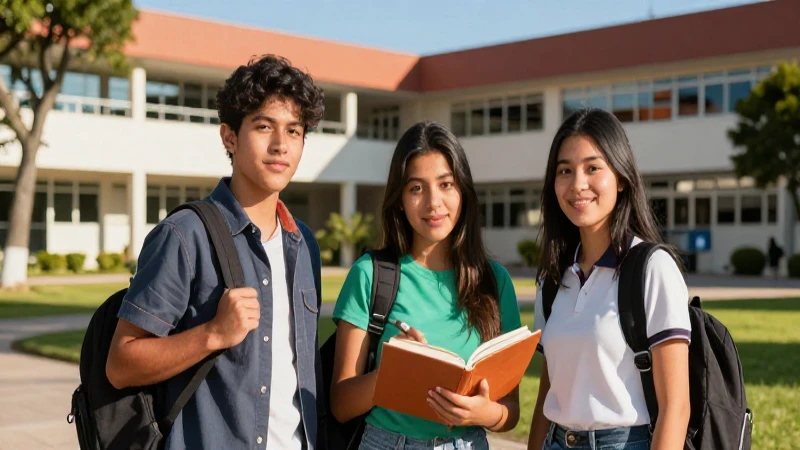 Estudiantes mexicanos en campus universitario con luz vibrante