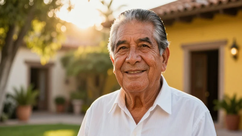 Hombre mexicano dignificado sonríe bajo luz dorada
