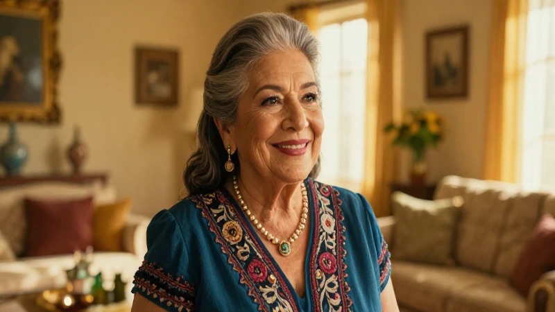 Señora mexicana sonriendo bajo luz dorada