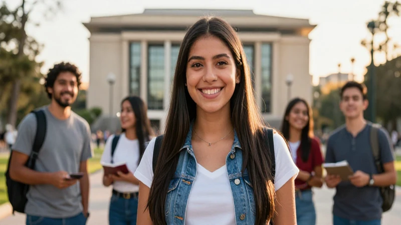 Estudiante sonriente en UNAM con luz dorada