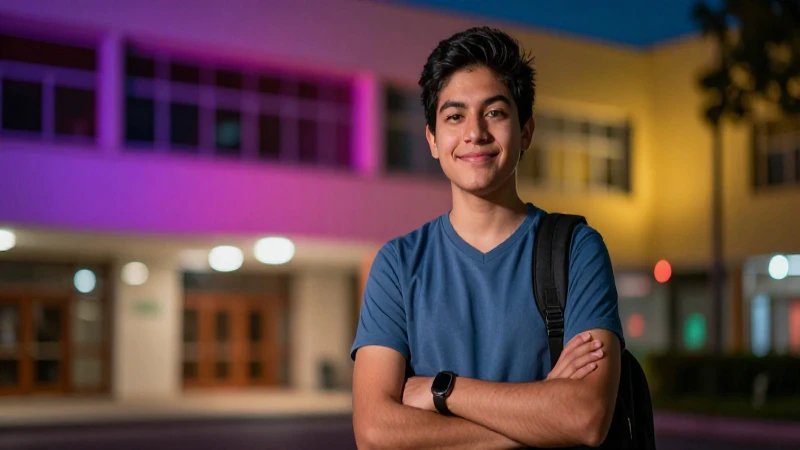 Joven mexicano en campus universitario vibrante