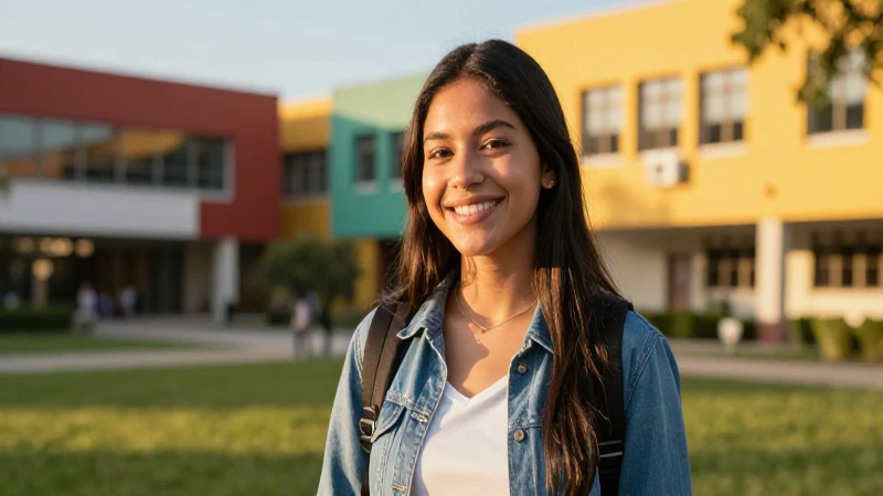 Estudiante mexicana sonriendo en campus vibrante