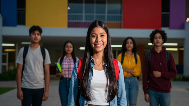 Estudiante mexicano sonriendo en campus universitario vibrante