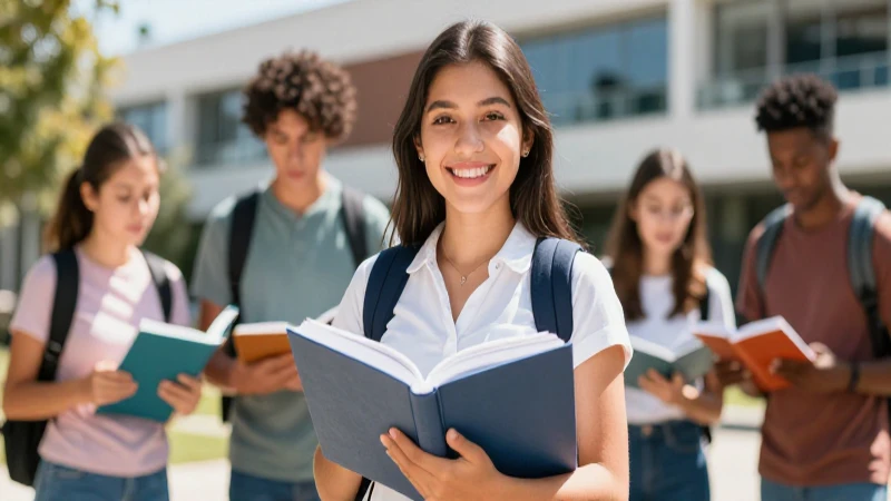 Estudiante mexicana sonriente con libro en campus vibrante