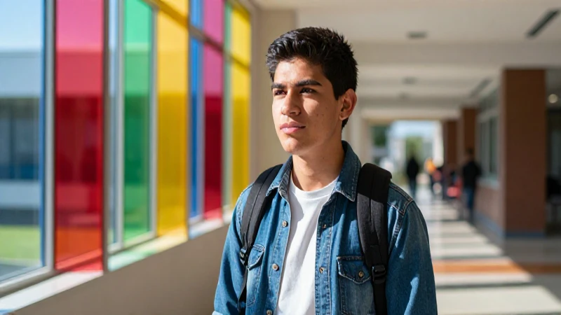 Joven estudiante mexicano brillante en campus moderno