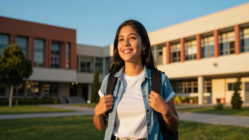 Estudiante mexicano diverso sonríe en campus al atardecer