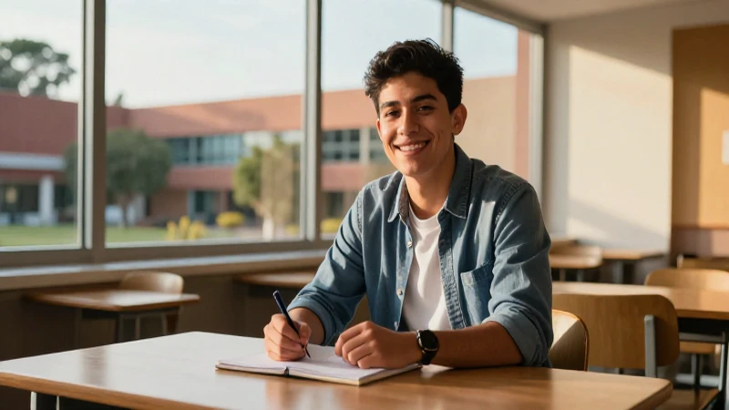 Joven estudiante sonriendo bajo luz dorada