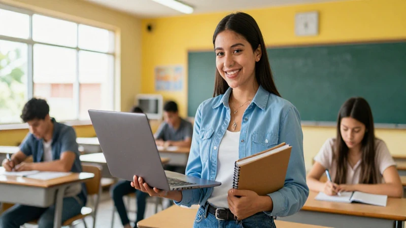 Estudiante feliz en clase moderna triunfa