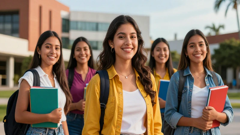 Estudiante mexicana sonriente en moderno campus universitario